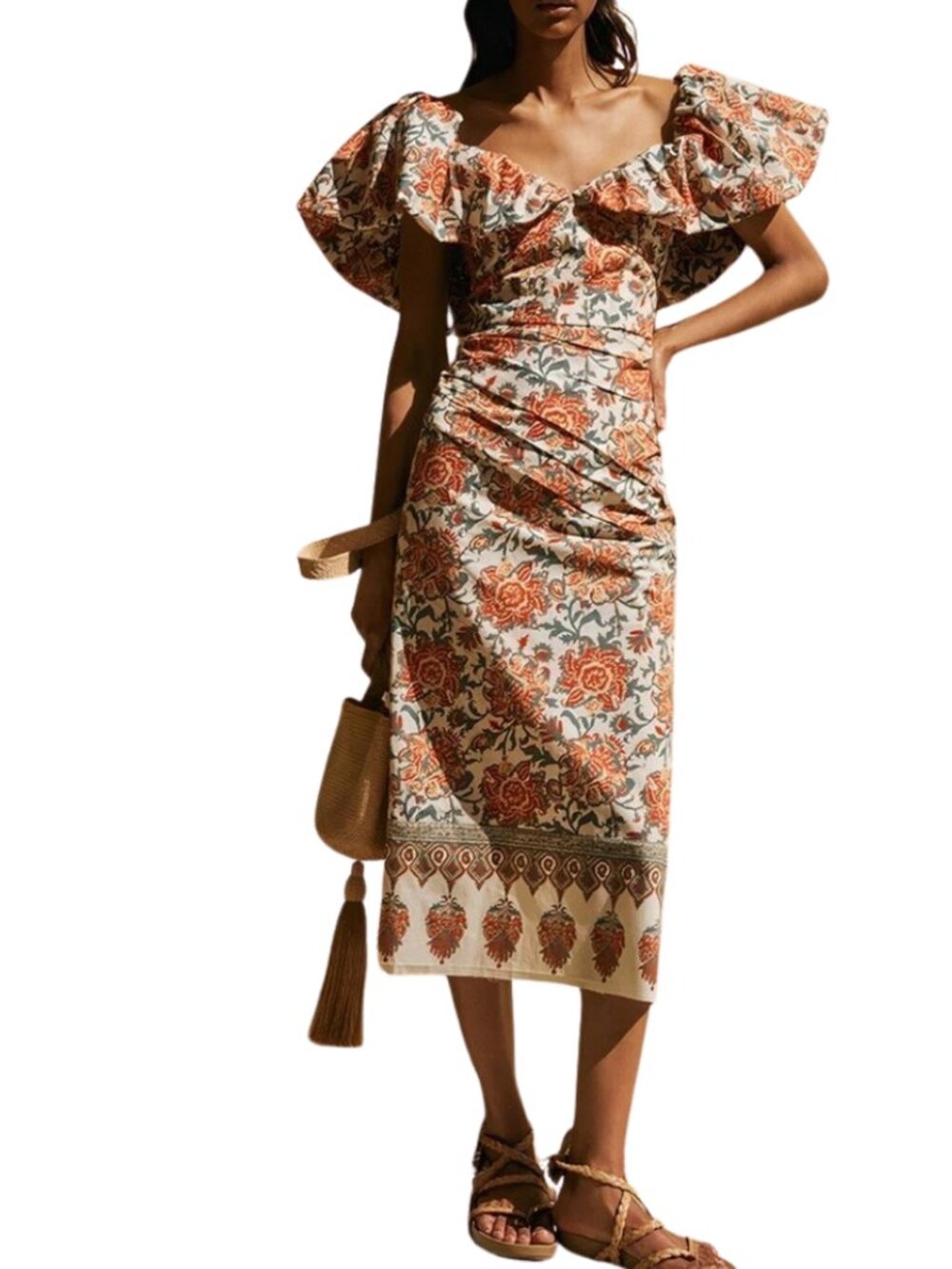 Johanna Ortiz Midi White Floral Puff-Sleeve Art de Vivre Dress. Size 6